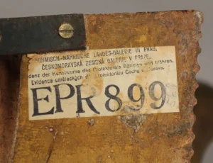 Labels on Reich-owned property administered by the Bohemian-Moravian Land Gallery (now the National Gallery in Prague), preserved on confiscated works of art that belonged to persecuted individuals