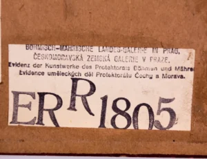 Labels on Reich-owned property administered by the Bohemian-Moravian Land Gallery (now the National Gallery in Prague), preserved on confiscated works of art that belonged to persecuted individuals