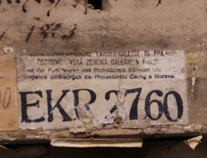 Labels on Reich-owned property administered by the Bohemian-Moravian Land Gallery (now the National Gallery in Prague), preserved on confiscated works of art that belonged to persecuted individuals