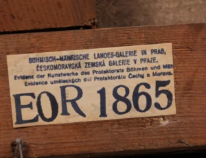 Labels on Reich-owned property administered by the Bohemian-Moravian Land Gallery (now the National Gallery in Prague), preserved on confiscated works of art that belonged to persecuted individuals